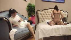原来这阿姨挺闷骚的，里面穿着鱼网太诱惑了